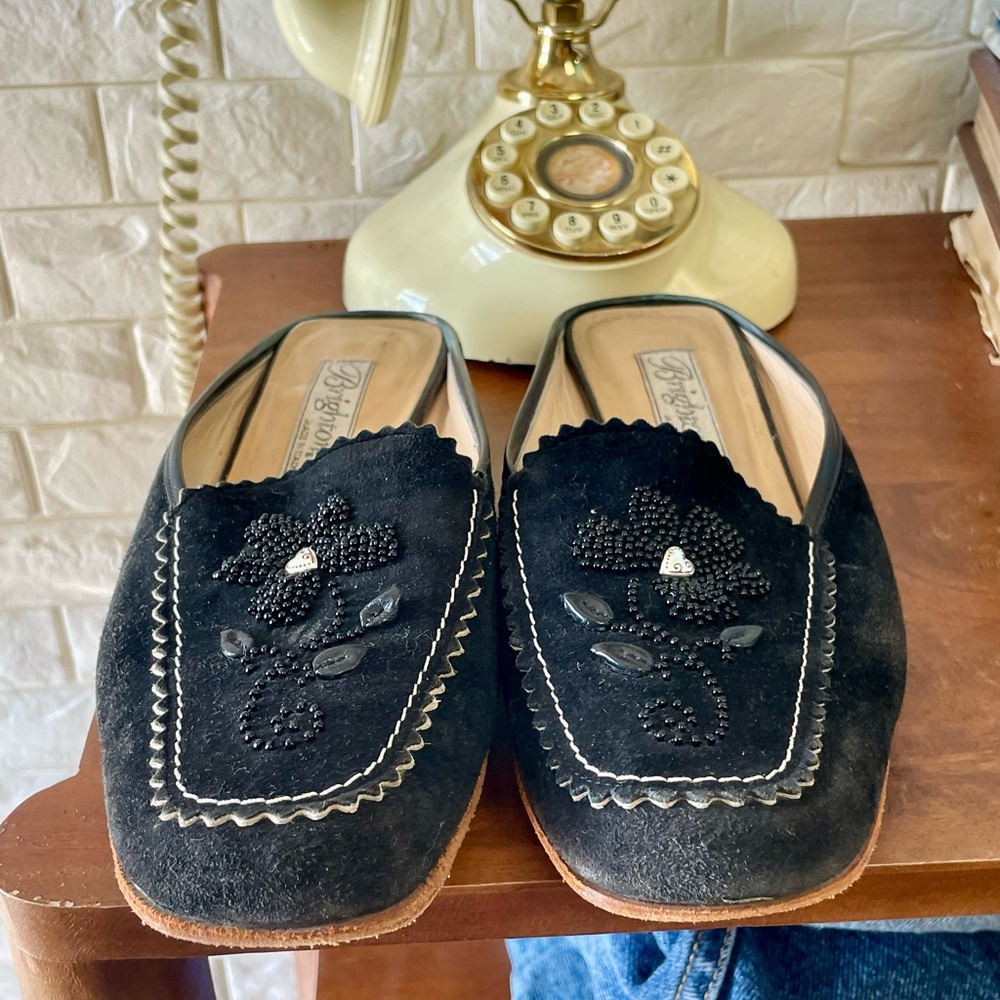 Brighton Melani Black Suede Leather Floral Beaded Mules Size 6.5 - Picture 10 of 15